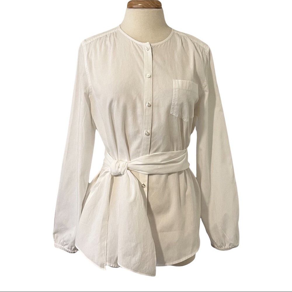 Talbots Long Sleeve White Long Shirt with Tie Belt and Elastic Sleeve Cuff